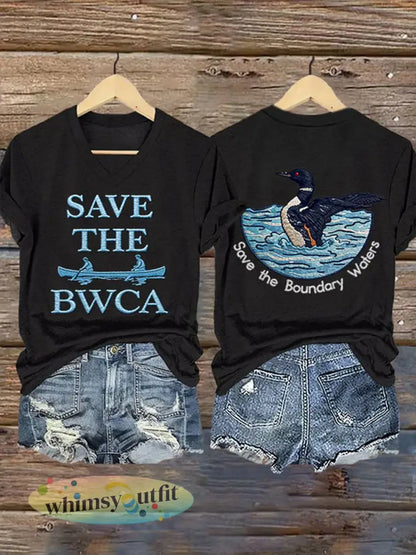 Dames T-shirt met print ’Save The Boundary Waters’ - Zwart / S