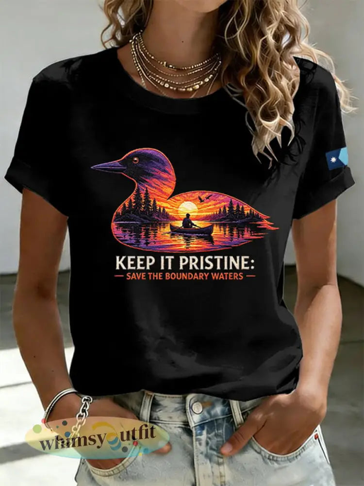 Dames T-shirt met print ’Save The Boundary Waters’ - Zwart / S