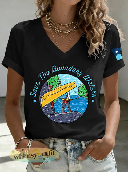 Dames T-shirt met print ’Save The Boundary Waters’ - Zwart / S