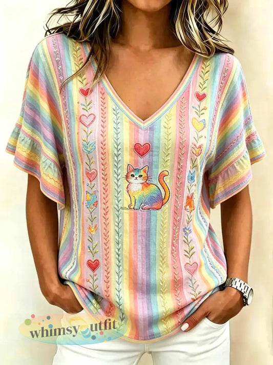 Dames T-shirt met regenboogbloemenprint - als foto / S