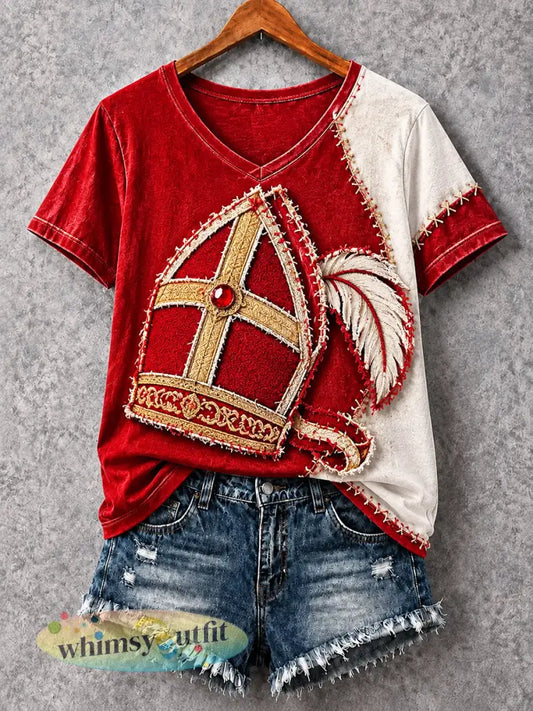 Dames T-shirt met V-hals casual 3D-panelbedrukt voor de Nederlandse Sinterklaasdag - Rood / S