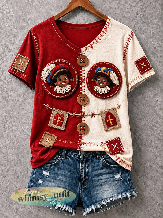 Dames T-shirt met v-hals casual patchworkprint voor Sinterklaas in Nederland - Veelkleurig / S