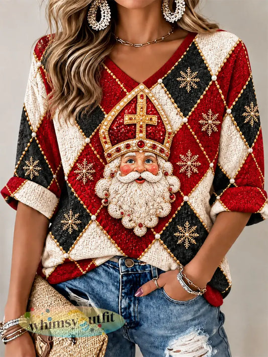 Dames T-shirt met V-hals en houndstooth-patroon voor de Sint-Nicolaasdag in Nederland casual stijl - Veelkleurig / S