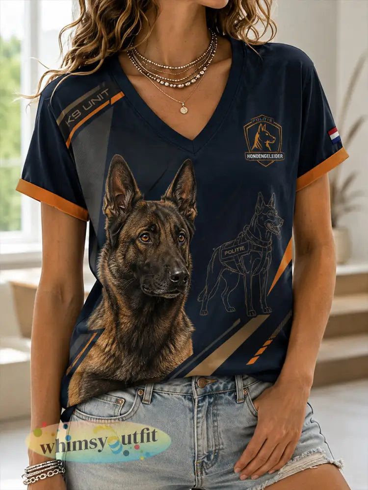 Dames-T-shirt met V-hals en korte mouwen voorzien van een grafische print van een politiehond - A / S