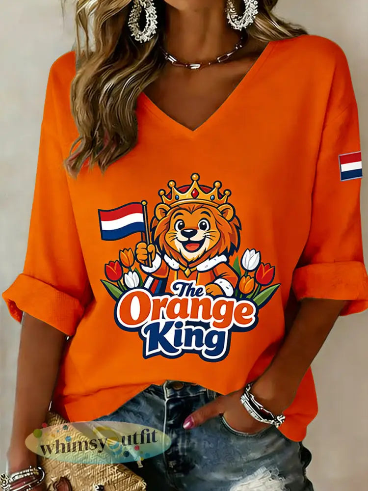 Dames T-shirt met V-hals thema Koningsdag - A / S