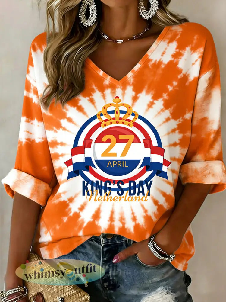 Dames T-shirt met V-hals thema Koningsdag - A / S