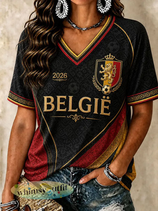 Dames-T-shirt met V-hals van België voetbal - Zwart / S