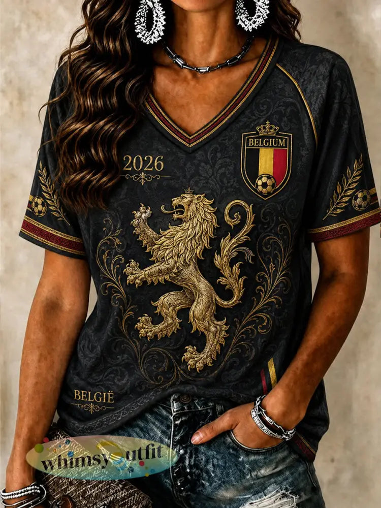 Dames-T-shirt met V-hals van België voetbal - Zwart / S