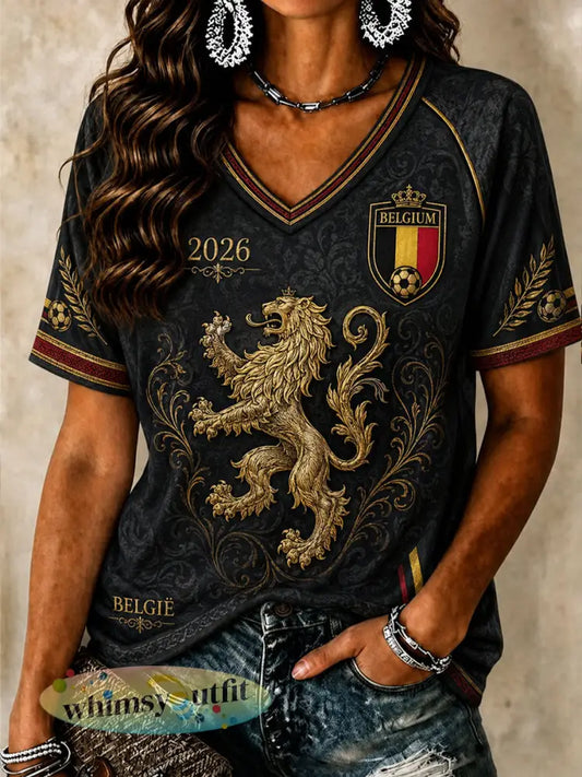 Dames-T-shirt met V-hals van België voetbal - Zwart / S