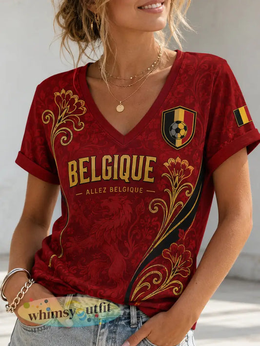 Dames-T-shirt met voetbalthema korte mouwen en V-hals - A / S