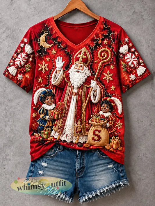 Dames T-shirt met vrijetijdsprint en V-hals geïnspireerd door de Nederlandse Sinterklaasdag - Rood / S