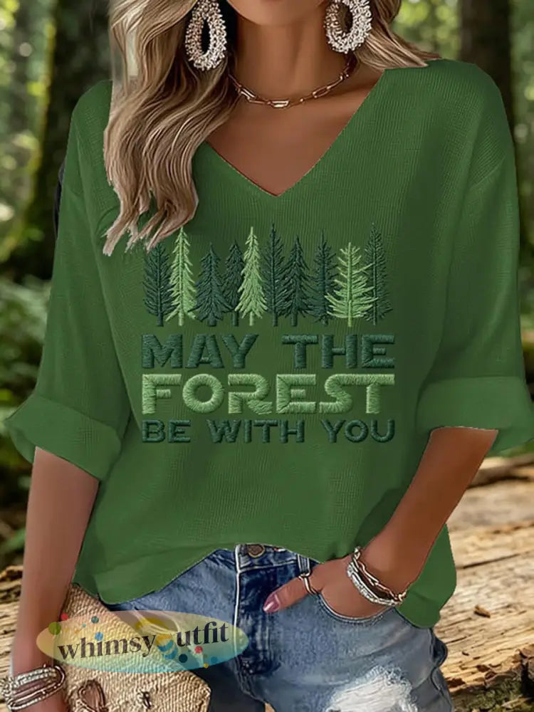 Dames T-shirt met wafelpatroon en opdruk ’May The Forest Be With You’ - Groen / S