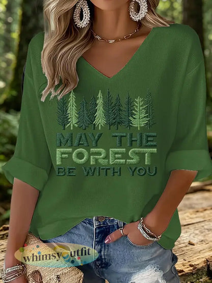 Dames T-shirt met wafelpatroon en opdruk ’May The Forest Be With You’ - Groen / S
