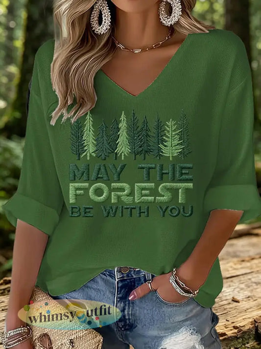 Dames T-shirt met wafelpatroon en opdruk ’May The Forest Be With You’ - Groen / S