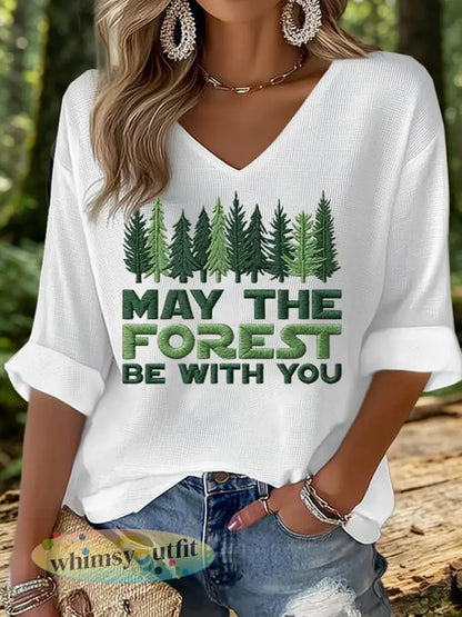 Dames T-shirt met wafelpatroon en opdruk ’May The Forest Be With You’ - Wit / S