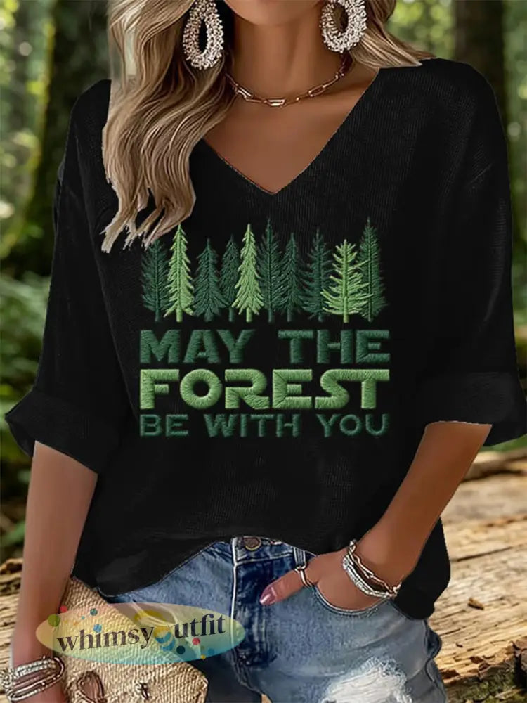 Dames T-shirt met wafelpatroon en opdruk ’May The Forest Be With You’ - Zwart / S