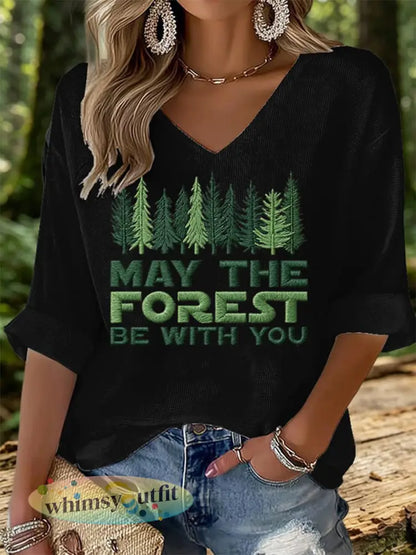 Dames T-shirt met wafelpatroon en opdruk ’May The Forest Be With You’ - Zwart / S