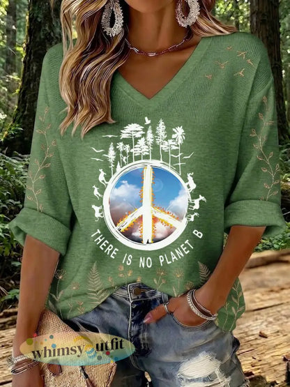 Dames T-shirt met wafelpatroon en opdruk ’There Is No Planet B’ - Legergroen / S