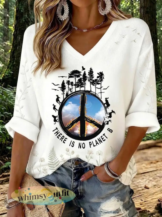 Dames T-shirt met wafelpatroon en opdruk ’There Is No Planet B’ - Wit / S