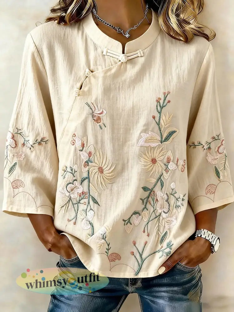 Dames T-shirt van katoen en linnen met bloemenpatroon - Abrikoos / M