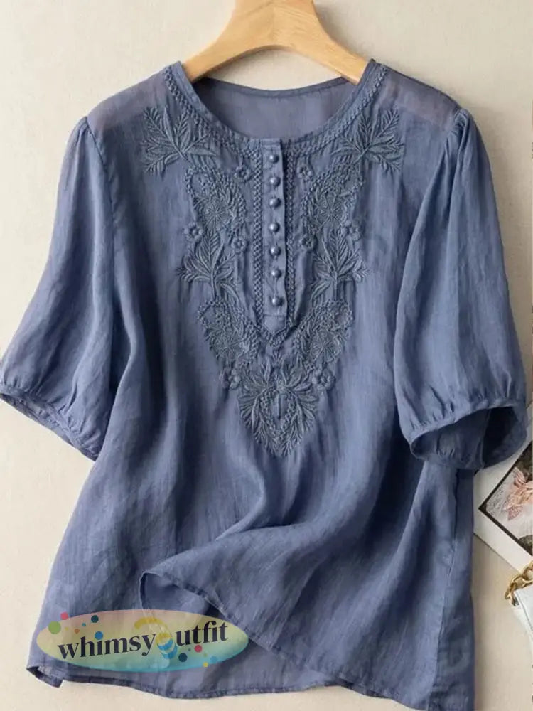 Dames T-shirt van katoen en linnen met bloemenpatroon - Blauw / M