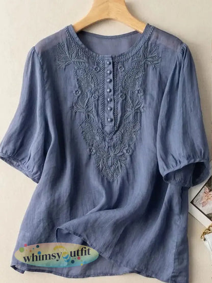 Dames T-shirt van katoen en linnen met bloemenpatroon - Blauw / M