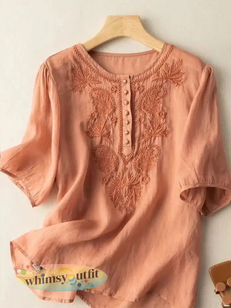 Dames T-shirt van katoen en linnen met bloemenpatroon - Pompoen Oranje / M