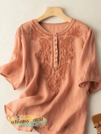 Dames T-shirt van katoen en linnen met bloemenpatroon - Pompoen Oranje / M