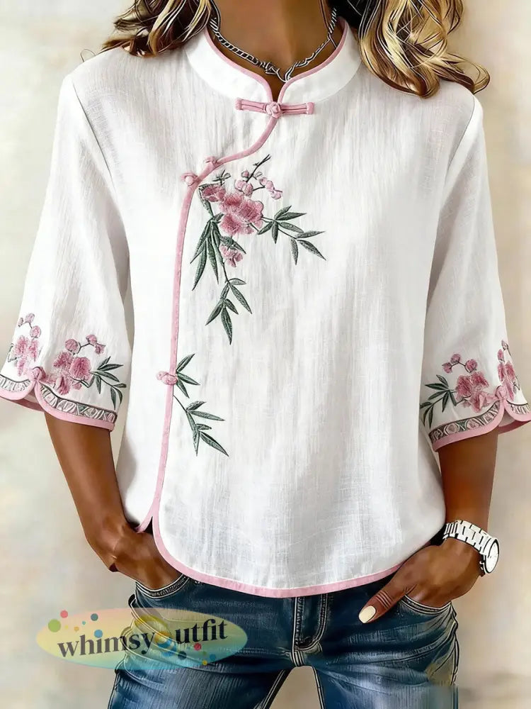 Dames T-shirt van katoen en linnen met bloemenpatroon - Wit / M