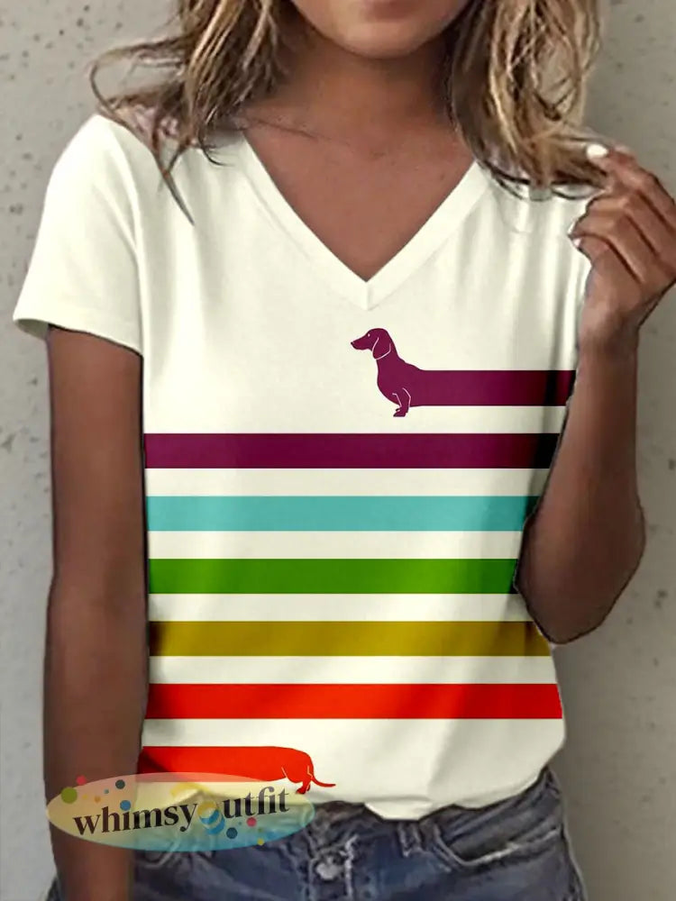 Dames Teckel Art Print V-hals T-shirt - als foto / S
