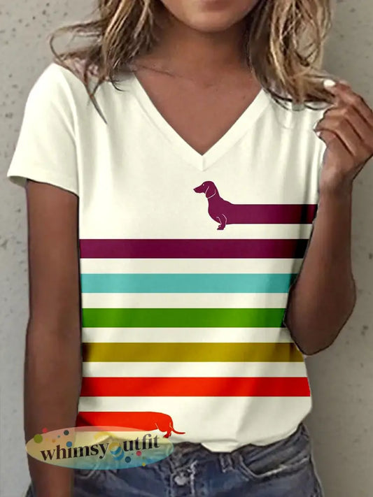 Dames Teckel Art Print V-hals T-shirt - als foto / S