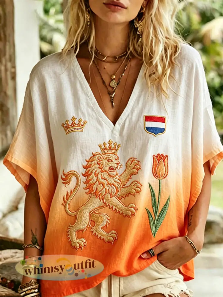 Dames top met leeuwen- en bloemenprint en V-hals - A / S
