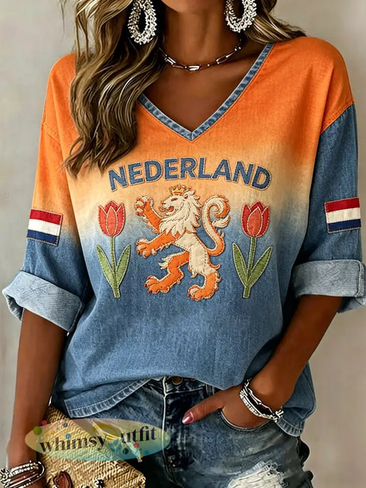 Dames top met V-hals en leeuw- en bloemenprint - A / S