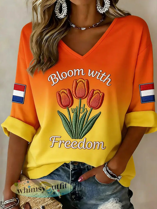 Dames top met V-hals en tulpbloemenprint - A / S