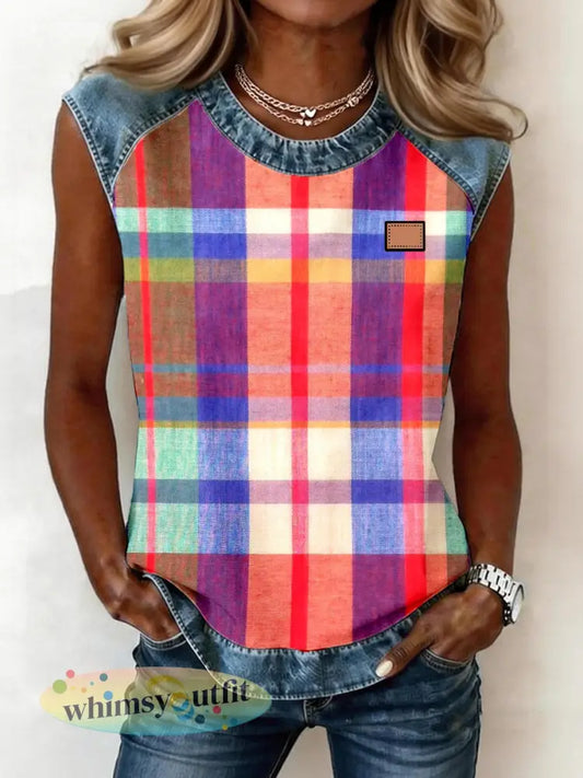 Dames top zonder mouwen met plaidpatroon en denim patchwork - als foto / S