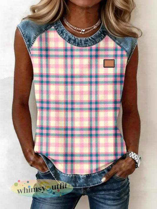 Dames top zonder mouwen met plaidpatroon en denim patchwork - als foto / S