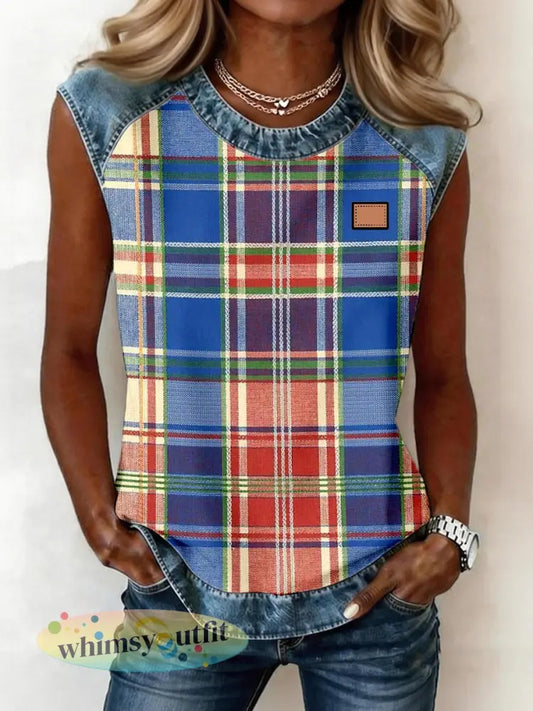 Dames top zonder mouwen met plaidpatroon en denim patchwork - als foto / S