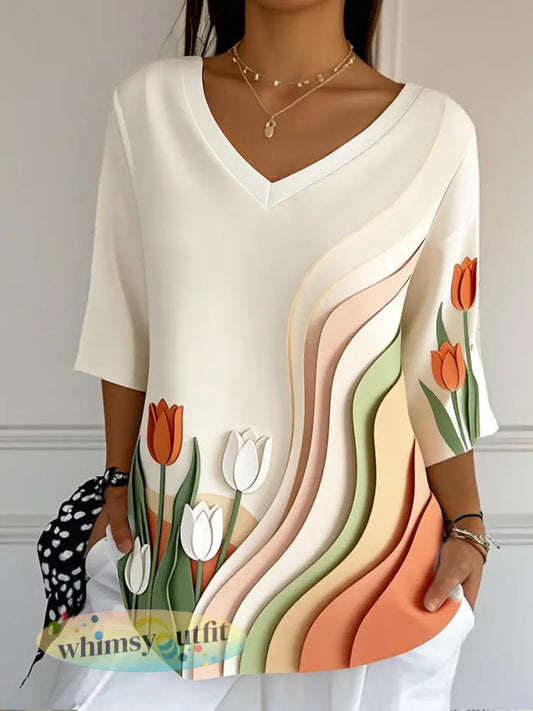 Dames tulp 3D-geprint Moederdag cadeau casual V-hals T-shirt - Romig-Wit / S