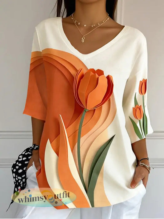 Dames Tulp 3D Origami Print Moederdag cadeau V-hals T-shirt met korte mouwen - Sinaasappel / S