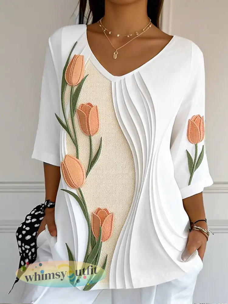 Dames tulp 3D patchwork print Moederdag cadeau casual V-hals T-shirt - Wit / S