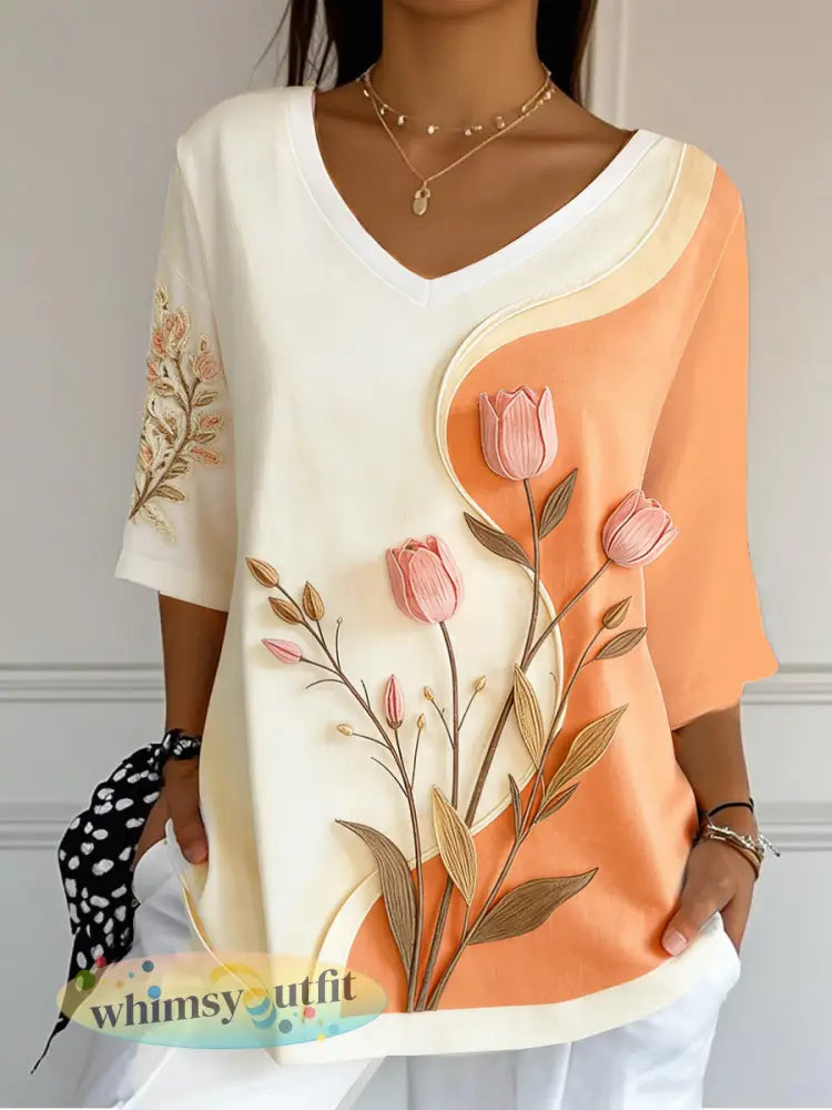 Dames Tulp 3D Patchwork Print Moederdagcadeau Casual T-shirt met V-hals - Romig-Wit / S