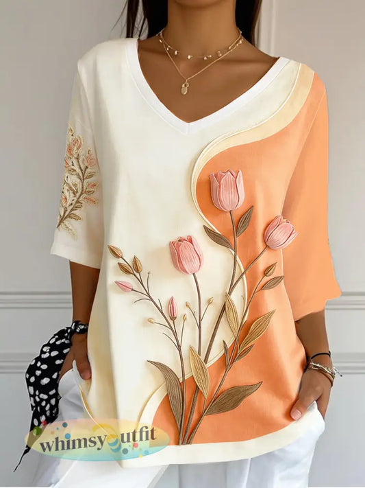 Dames Tulp 3D Patchwork Print Moederdagcadeau Casual T-shirt met V-hals - Romig-Wit / S