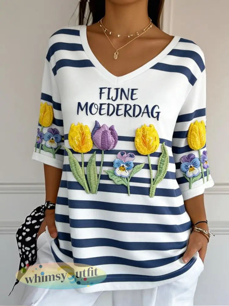 Dames tulp bloemen streep print moederdag cadeau mode V-hals T-shirt - Wit / S