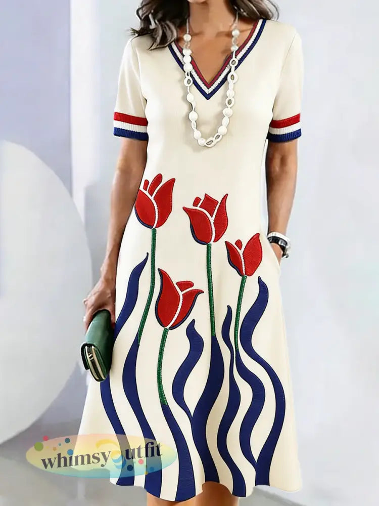 Dames tulp bloemenprint moederdag cadeau casual jurk met V-hals - Abrikoos / S