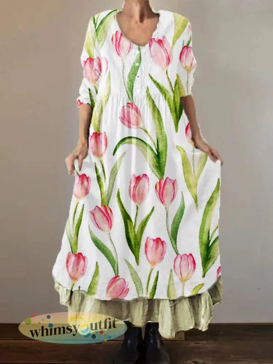 Dames tulpenplant bloem dubbelgelaagde lange jurk - Groen / S