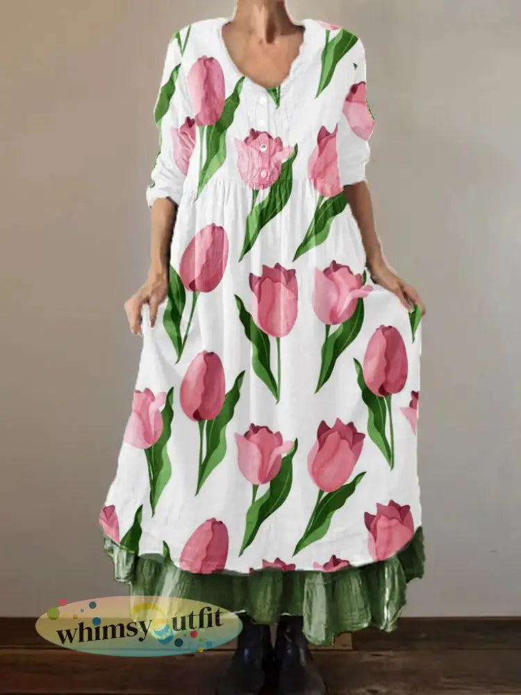 Dames tulpenplant bloem dubbellaags lange jurk - Groen / S