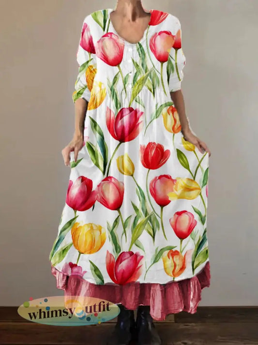 Dames tulpenplant bloem dubbellaags lange jurk - Rood / S