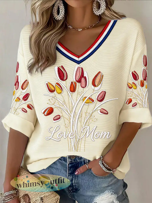 Dames tulpenprint Moederdag cadeau Mode V-hals T-shirt - Romig-Wit / S