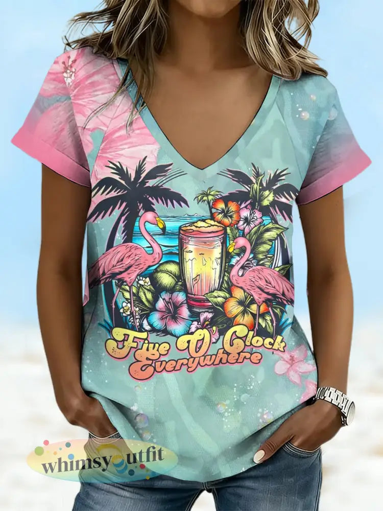 Dames vakantie stijl gebloemde kunst T-shirt - Blauw-Groen / S