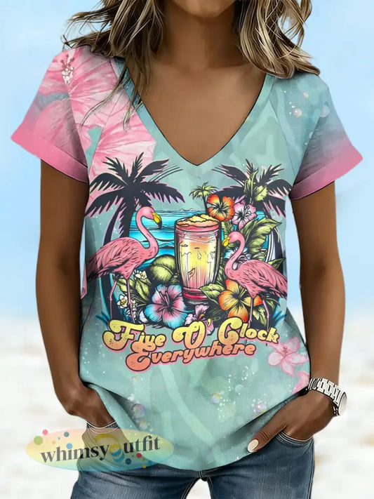Dames vakantie stijl gebloemde kunst T-shirt - Blauw-Groen / S